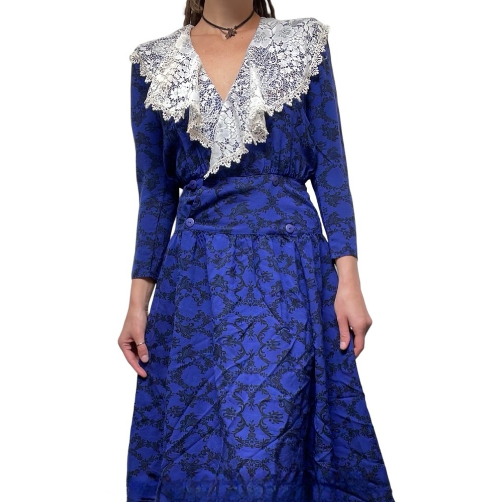 Vintage 1980s Gunne Sax Royal Blue Midi Dress with White Lace Collar